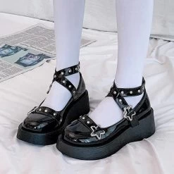 Lolita Star Buckle Strap Mary Shoes 12 Lolita Star Buckle Strap Mary Shoes -Kawaii Fashion Shop Japanese Lolita Shoes Star Buckle Strap Mary Janes Women Cross tied Platform Shoe Patent Leather Girls 4