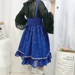 Lolita Slip Dress With Bowkont -Kawaii Fashion Shop Japanese Lolita Star Sky Print Dress Women Girls Summer Galaxy Blue Starry Strap Mini Dresses Vintage 5