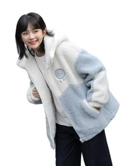 Japanese Loose Lamb Wool Hooded Coat -Kawaii Fashion Shop Japanese Loose Lamb Wool Hooded Coat 4