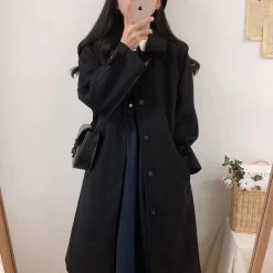 Japanese Mid-length Black Temperament Coat 10 Japanese Mid-length Black Temperament Coat -Kawaii Fashion Shop Japanese Mid length Black Temperament Coat 1