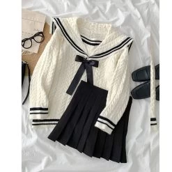 Japanese Cute Sailor Collar Sweater -Kawaii Fashion Shop Japanese Sailor Collar Knitted Casual Cute Sweater Women s Fall Spring Loose Overwear Lolita Knit Top 1