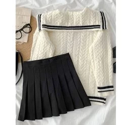 Japanese Cute Sailor Collar Sweater -Kawaii Fashion Shop Japanese Sailor Collar Knitted Casual Cute Sweater Women s Fall Spring Loose Overwear Lolita Knit Top 2