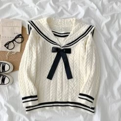 Japanese Cute Sailor Collar Sweater -Kawaii Fashion Shop Japanese Sailor Collar Knitted Casual Cute Sweater Women s Fall Spring Loose Overwear Lolita Knit Top 4