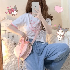 Kawaii Cute Cartoon Kuromied Printed T-shirt 10 Kawaii Cute Cartoon Kuromied Printed T-shirt -Kawaii Fashion Shop Japanese Style Cartoon Cute Kuromied Printed Short Sleeve Pink White T shirt Lolita JK Girl Student 2