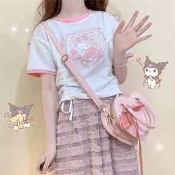 Kawaii Cute Cartoon Kuromied Printed T-shirt 12 Kawaii Cute Cartoon Kuromied Printed T-shirt -Kawaii Fashion Shop Japanese Style Cartoon Cute Kuromied Printed Short Sleeve Pink White T shirt Lolita JK Girl Student 4