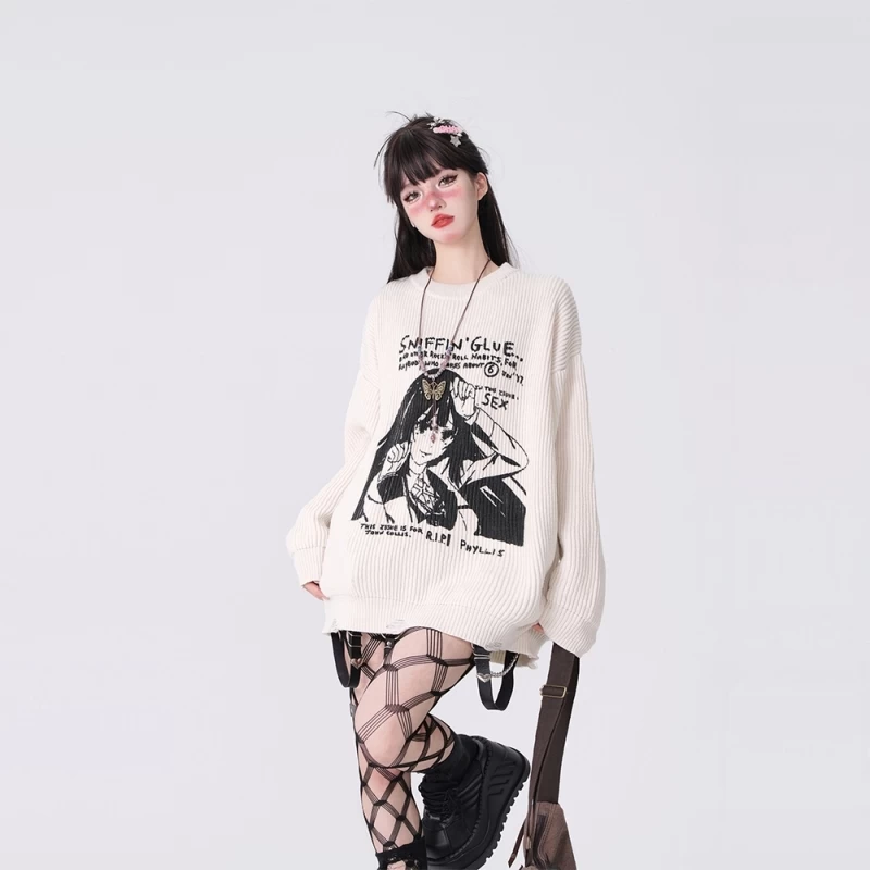 Japanese Style Comic Embroidery Loose Sweater 5 Japanese Style Comic Embroidery Loose Sweater - Image 3