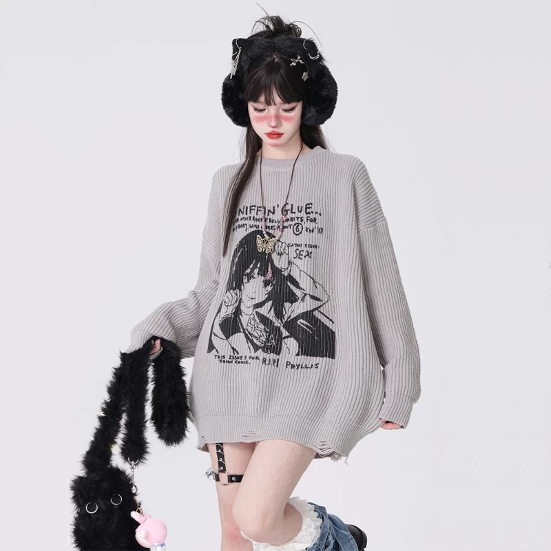 Japanese Style Comic Embroidery Loose Sweater 7 Japanese Style Comic Embroidery Loose Sweater - Image 5