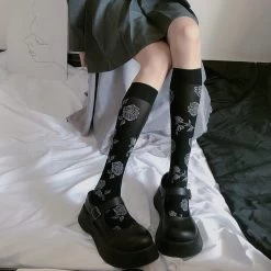 Lolita Roses Black Knee Long Socks