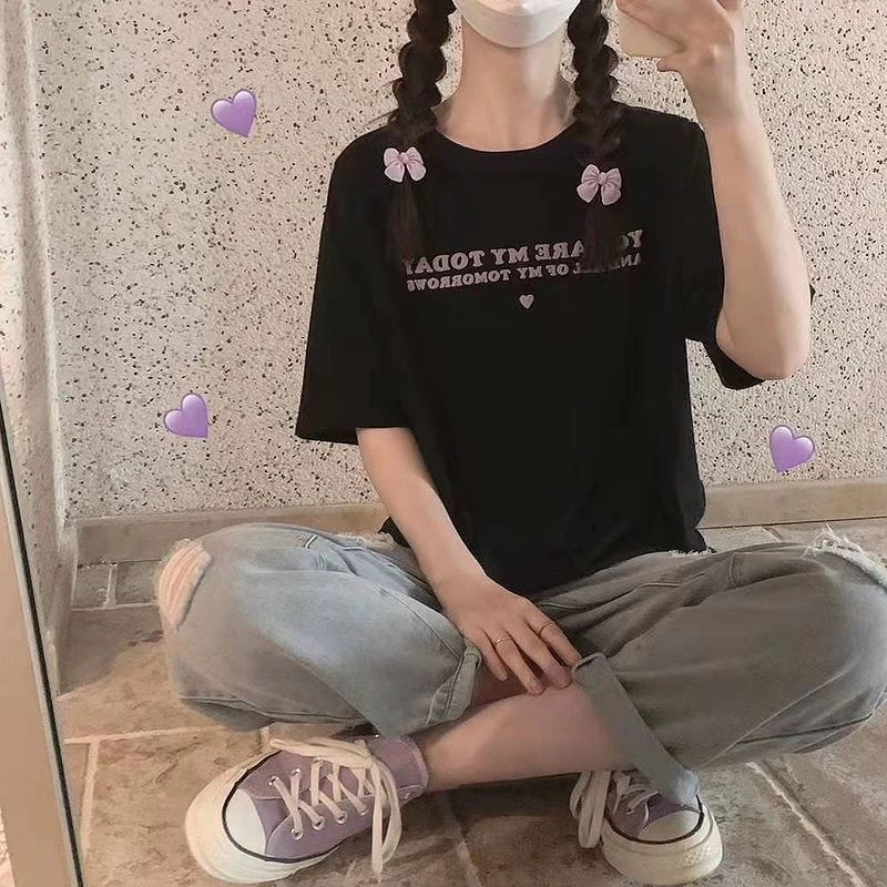 Japanese Sweet 3D Letter Printing T-shirt 5 Japanese Sweet 3D Letter Printing T-shirt - Image 3