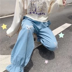 Kawaii Rabbit Embroidered Jogger Pants 10 Kawaii Rabbit Embroidered Jogger Pants -Kawaii Fashion Shop Japanese Sweet Kawaii Denim Lolita Style Women Bloomers Autumn Cute High Waist Cartoon Printed Mori Girl 2