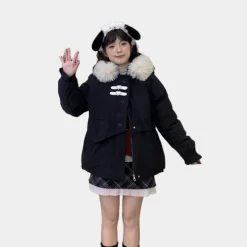 Japanese Sweet Style Black Loose Hooded Coat