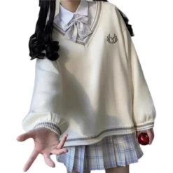 Japanese White V-neck School Uniform Sweater -Kawaii Fashion Shop Japanese White V neck School Uniform Sweater 3