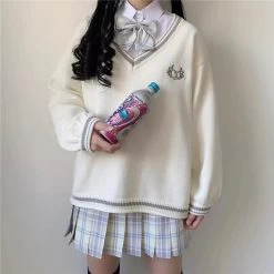 Japanese White V-neck School Uniform Sweater