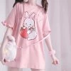 Pink Strawberry Rabbit Wave Sleeve T-shirt -Kawaii Fashion Shop Japanese Women Cute Lolita T shirt Summer Kawaii Strawberry Bunny Print Ruffles Short Sleeve Tops Soft