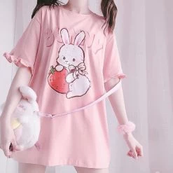Pink Strawberry Rabbit Wave Sleeve T-shirt