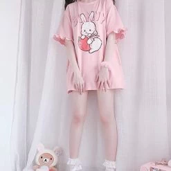 Pink Strawberry Rabbit Wave Sleeve T-shirt -Kawaii Fashion Shop Japanese Women Cute Lolita T shirt Summer Kawaii Strawberry Bunny Print Ruffles Short Sleeve Tops Soft 3