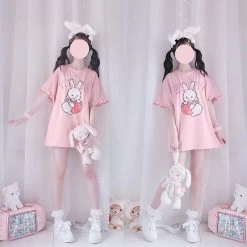 Pink Strawberry Rabbit Wave Sleeve T-shirt -Kawaii Fashion Shop Japanese Women Cute Lolita T shirt Summer Kawaii Strawberry Bunny Print Ruffles Short Sleeve Tops Soft 4