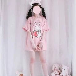 Pink Strawberry Rabbit Wave Sleeve T-shirt -Kawaii Fashion Shop Japanese Women Cute Lolita T shirt Summer Kawaii Strawberry Bunny Print Ruffles Short Sleeve Tops Soft 5