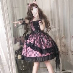 Kawaii Pink Hooded Jacket -Kawaii Fashion Shop Japanese Women Gothic Lolita Jsk Dress Vintage Victorian Sweet Bow Princess Slip Dress Girl Chic Plaid 4