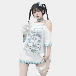Japanese Jirai Kei Style Off-shoulder Cartoon Print Loose T-shirt -Kawaii Fashion Shop Japanese striped off shoulder cartoon print loose T shirt 4