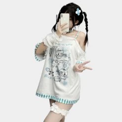 Japanese Jirai Kei Style Off-shoulder Cartoon Print Loose T-shirt -Kawaii Fashion Shop Japanese striped off shoulder cartoon print loose T shirt 5