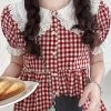 Kawaii Lace Collar Red Plaid Doll Shirt -Kawaii Fashion Shop KOSAHIKI Red Plaid Blouse Women Kawaii Peter Pan Collar Lace Ruffle Shirt Japanese Girl Cute Puff