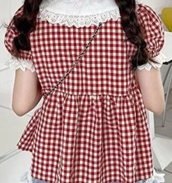 Kawaii Lace Collar Red Plaid Doll Shirt -Kawaii Fashion Shop KOSAHIKI Red Plaid Blouse Women Kawaii Peter Pan Collar Lace Ruffle Shirt Japanese Girl Cute Puff 2