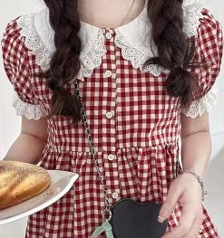 Kawaii Lace Collar Red Plaid Doll Shirt
