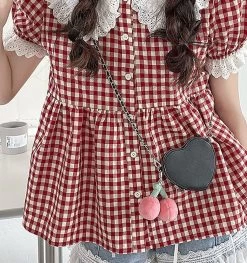 Kawaii Lace Collar Red Plaid Doll Shirt -Kawaii Fashion Shop KOSAHIKI Red Plaid Blouse Women Kawaii Peter Pan Collar Lace Ruffle Shirt Japanese Girl Cute Puff 3
