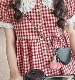 Kawaii Lace Collar Red Plaid Doll Shirt -Kawaii Fashion Shop KOSAHIKI Red Plaid Blouse Women Kawaii Peter Pan Collar Lace Ruffle Shirt Japanese Girl Cute Puff 4