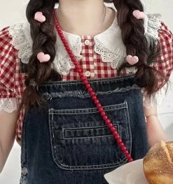 Kawaii Lace Collar Red Plaid Doll Shirt -Kawaii Fashion Shop KOSAHIKI Red Plaid Blouse Women Kawaii Peter Pan Collar Lace Ruffle Shirt Japanese Girl Cute Puff 5