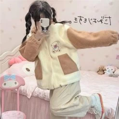 Kawaii Bear Biscuit Harajuku Hoodie -Kawaii Fashion Shop Kawaii Anime Hoodies Women Bear Print Winter 2021 Thicken Warm Hoodie Cute Splicing Long Sleeve Hooded 2