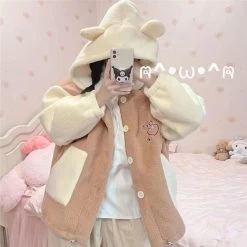 Kawaii Bear Biscuit Harajuku Hoodie -Kawaii Fashion Shop Kawaii Anime Hoodies Women Bear Print Winter 2021 Thicken Warm Hoodie Cute Splicing Long Sleeve Hooded 4