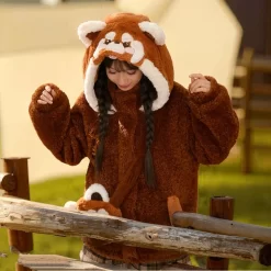 Kawaii Brown Red Panda Plush Hooded Coat -Kawaii Fashion Shop Kawaii Brown Red Panda Plush Hooded Coat 2