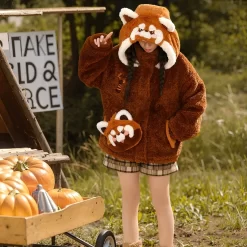 Kawaii Brown Red Panda Plush Hooded Coat -Kawaii Fashion Shop Kawaii Brown Red Panda Plush Hooded Coat 3