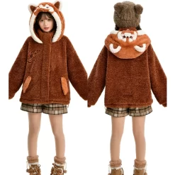 Kawaii Brown Red Panda Plush Hooded Coat -Kawaii Fashion Shop Kawaii Brown Red Panda Plush Hooded Coat 7