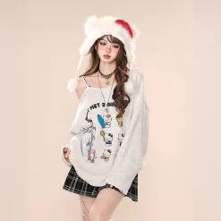 Kawaii Cartoon Hello Kitty Embroidered Off-shoulder Sweater 11 Kawaii Cartoon Hello Kitty Embroidered Off-shoulder Sweater -Kawaii Fashion Shop Kawaii Cartoon Hello Kitty Embroidered Off shoulder Sweater 2
