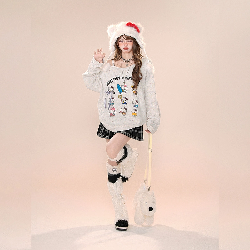 Kawaii Cartoon Hello Kitty Embroidered Off-shoulder Sweater 9 Kawaii Cartoon Hello Kitty Embroidered Off-shoulder Sweater - Image 7