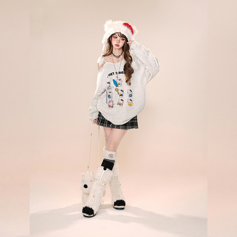 Kawaii Cartoon Hello Kitty Embroidered Off-shoulder Sweater 7 Kawaii Cartoon Hello Kitty Embroidered Off-shoulder Sweater - Image 5