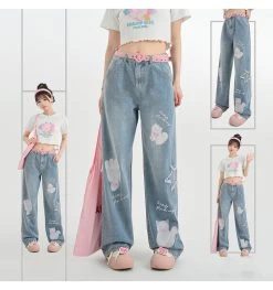 Kawaii Cute Cartoon Kitten Print Straight Jeans 11 Kawaii Cute Cartoon Kitten Print Straight Jeans -Kawaii Fashion Shop Kawaii Cute Cartoon Kitten Print Straight Jeans 1