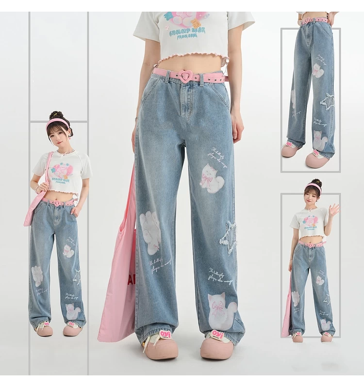 Kawaii Cute Cartoon Kitten Print Straight Jeans 5 Kawaii Cute Cartoon Kitten Print Straight Jeans - Image 3