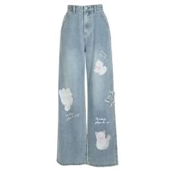 Kawaii Cute Cartoon Kitten Print Straight Jeans 12 Kawaii Cute Cartoon Kitten Print Straight Jeans -Kawaii Fashion Shop Kawaii Cute Cartoon Kitten Print Straight Jeans 2