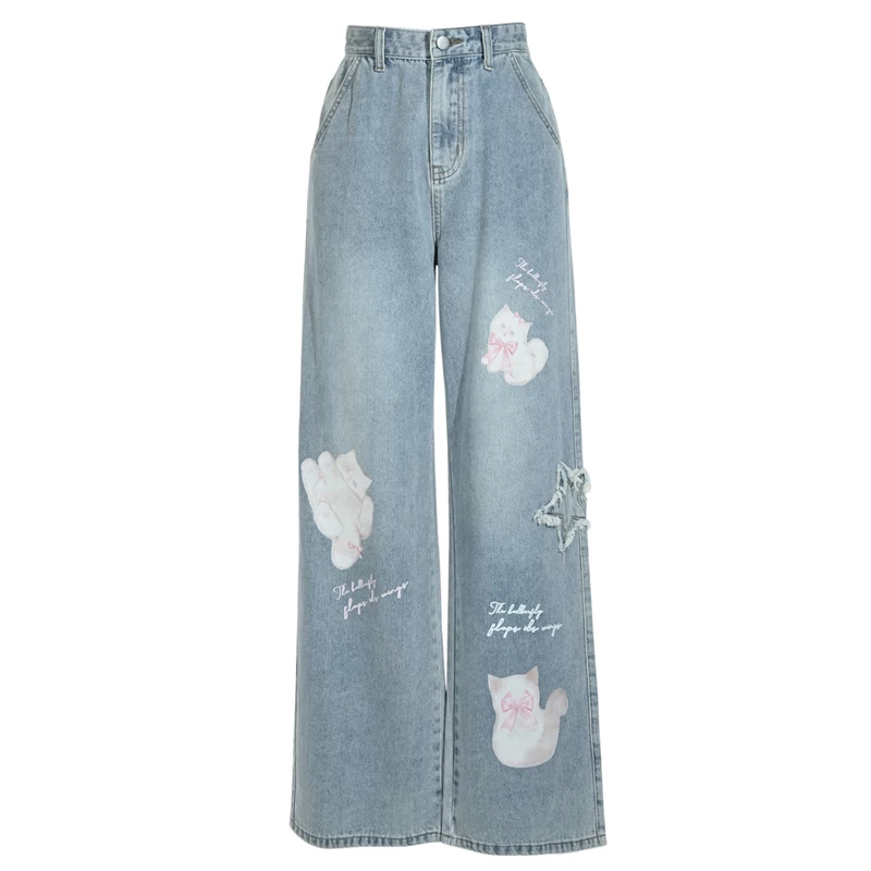 Kawaii Cute Cartoon Kitten Print Straight Jeans 6 Kawaii Cute Cartoon Kitten Print Straight Jeans - Image 4