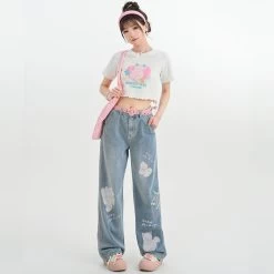 Kawaii Cute Cartoon Kitten Print Straight Jeans 13 Kawaii Cute Cartoon Kitten Print Straight Jeans -Kawaii Fashion Shop Kawaii Cute Cartoon Kitten Print Straight Jeans 3