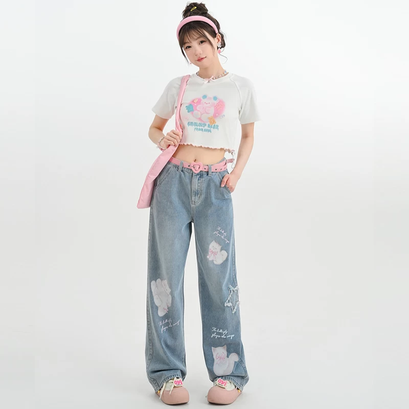 Kawaii Cute Cartoon Kitten Print Straight Jeans 7 Kawaii Cute Cartoon Kitten Print Straight Jeans - Image 5