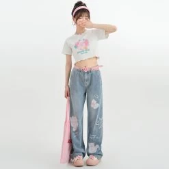 Kawaii Cute Cartoon Kitten Print Straight Jeans 14 Kawaii Cute Cartoon Kitten Print Straight Jeans -Kawaii Fashion Shop Kawaii Cute Cartoon Kitten Print Straight Jeans 4