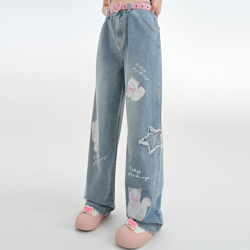 Kawaii Cute Cartoon Kitten Print Straight Jeans 9 Kawaii Cute Cartoon Kitten Print Straight Jeans - Image 7