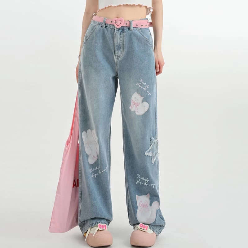 Kawaii Cute Cartoon Kitten Print Straight Jeans 3 Kawaii Cute Cartoon Kitten Print Straight Jeans