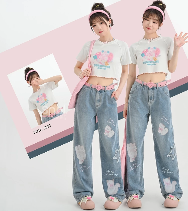 Kawaii Cute Cartoon Kitten Print Straight Jeans 4 Kawaii Cute Cartoon Kitten Print Straight Jeans - Image 2