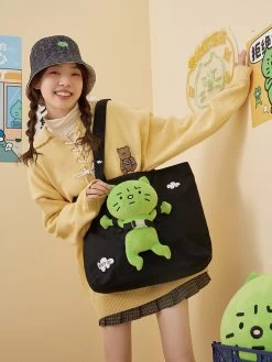 Kawaii Cute Green Cat Canvas Shoulder Bag -Kawaii Fashion Shop Kawaii Cute Green Cat Canvas Shoulder Bag 3